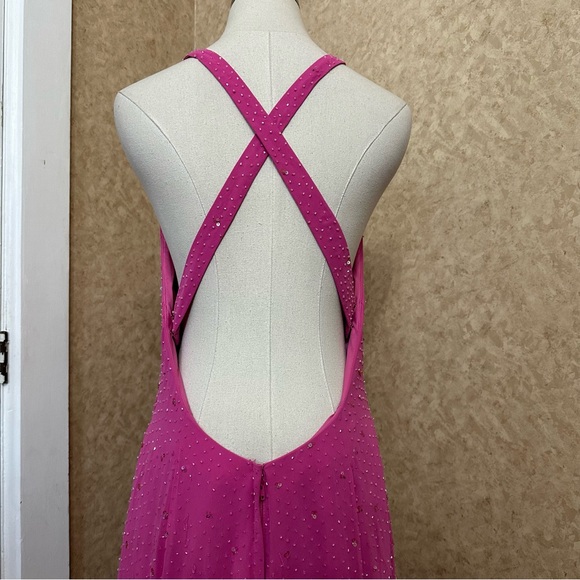 VTG Y2K 2000s Hot Pink Fully Beaded Sequin Open Back Formal Prom Dress - Picture 6 of 13